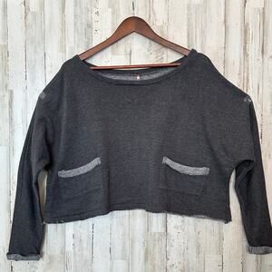 Poof Boxy Cropped Sweatshirt Medium Gray Blue Raw Hem Grunge Loungewear EUC